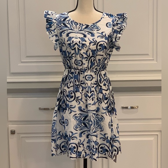 Emery Rose ~ Blue & White Ruffle Sleeve Elastic Waist Fit & Flare Dress Sz Small - Picture 3 of 11